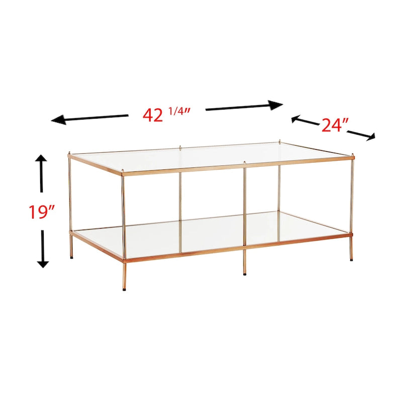 Table basse rectangulaire en cuivre et verre, 1 niveau, pour 1 à 2 personnes