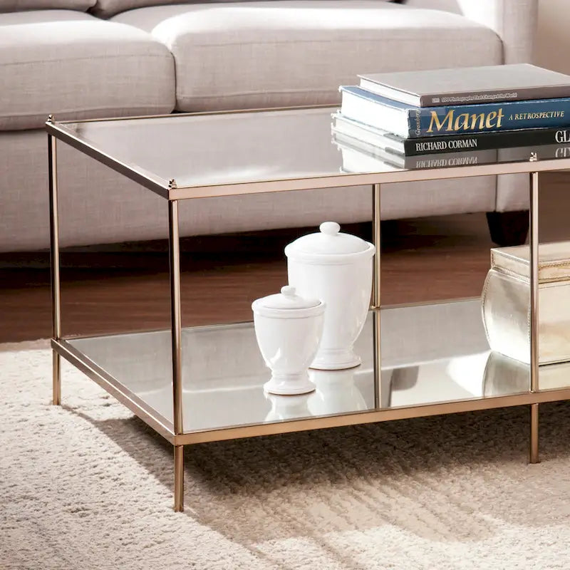 Table basse rectangulaire en cuivre et verre, 1 niveau, pour 1 à 2 personnes