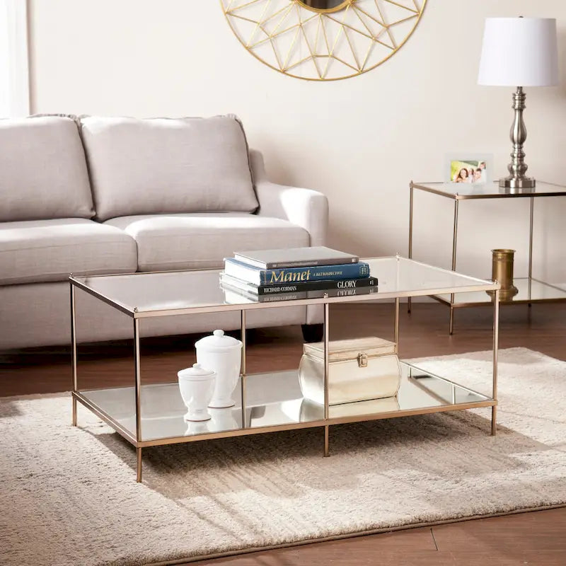 Table basse rectangulaire en cuivre et verre, 1 niveau, pour 1 à 2 personnes