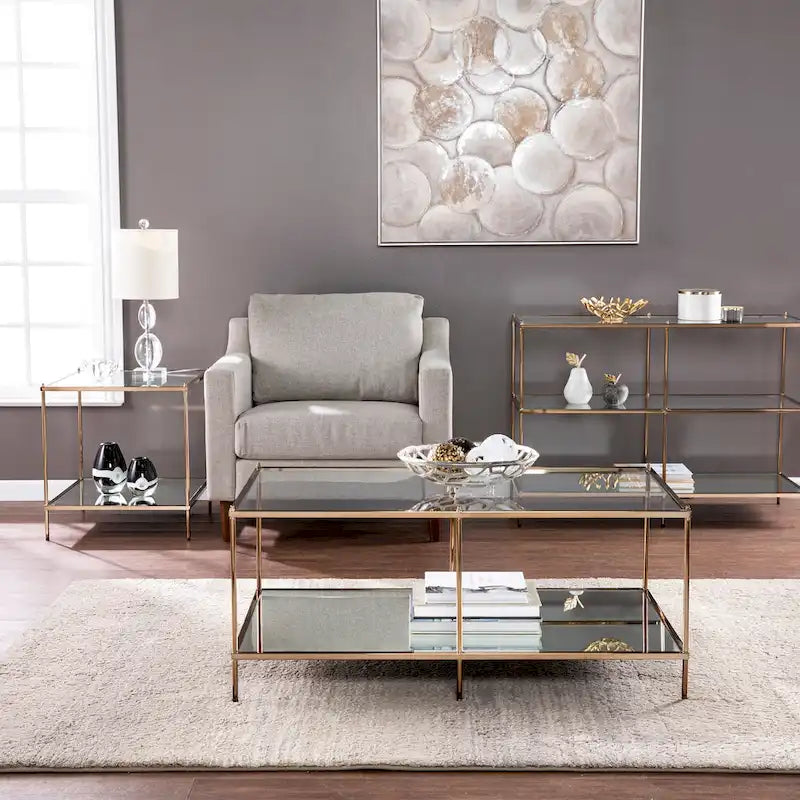 Table basse rectangulaire en cuivre et verre, 1 niveau, pour 1 à 2 personnes