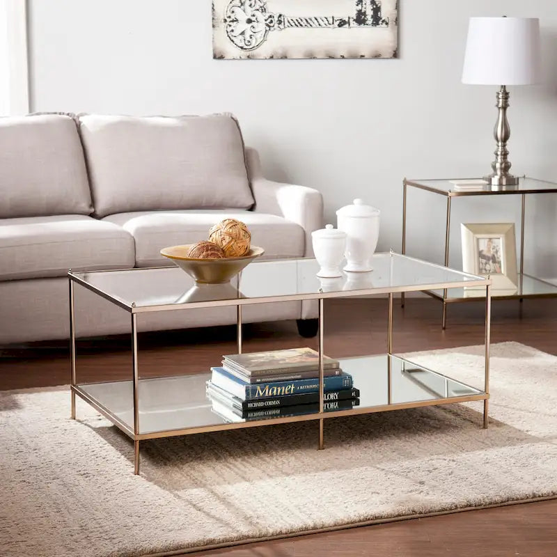 Table basse rectangulaire en cuivre et verre, 1 niveau, pour 1 à 2 personnes
