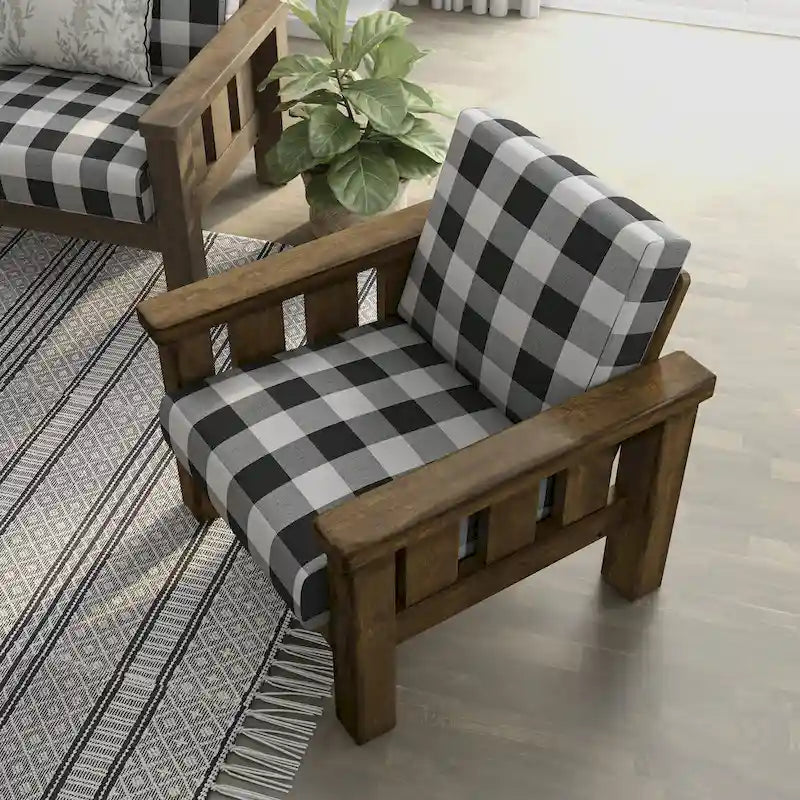Fauteuil rustique en chêne à carreaux une place