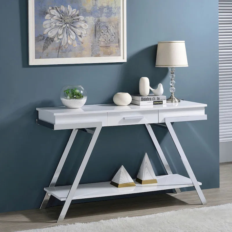 Table basse en laque blanche brillante avec tiroir et étagère, pieds chromés — 1 personne
