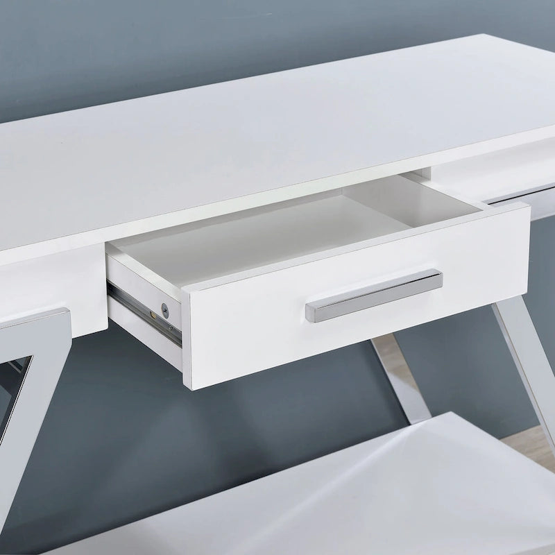Table basse en laque blanche brillante avec tiroir et étagère, pieds chromés — 1 personne