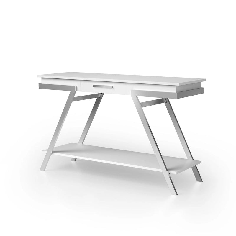 Table basse en laque blanche brillante avec tiroir et étagère, pieds chromés — 1 personne