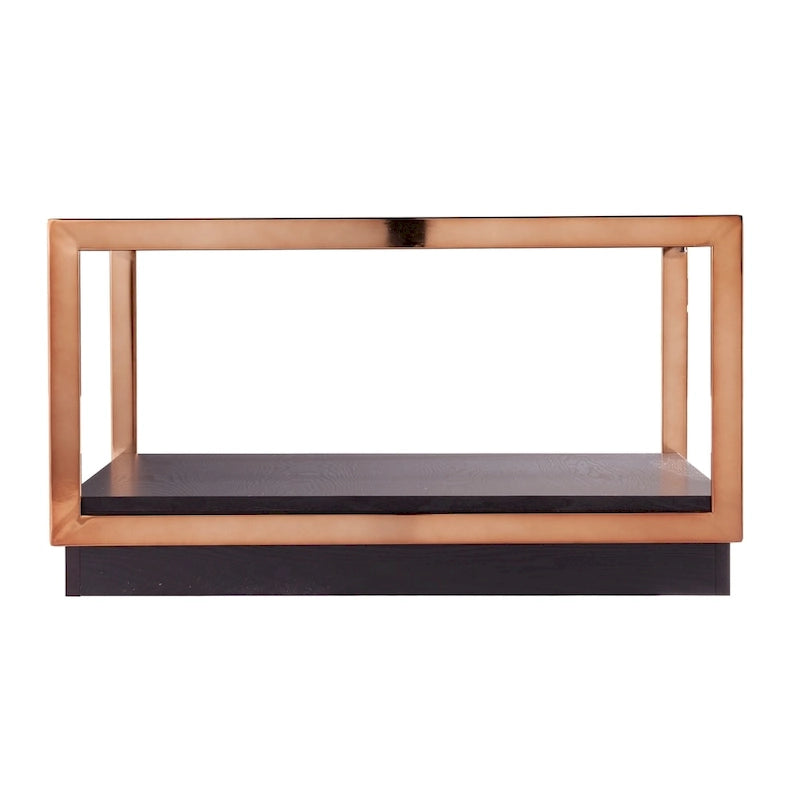 Table basse carrée avec plateau en verre champagne/noir et étagère de rangement