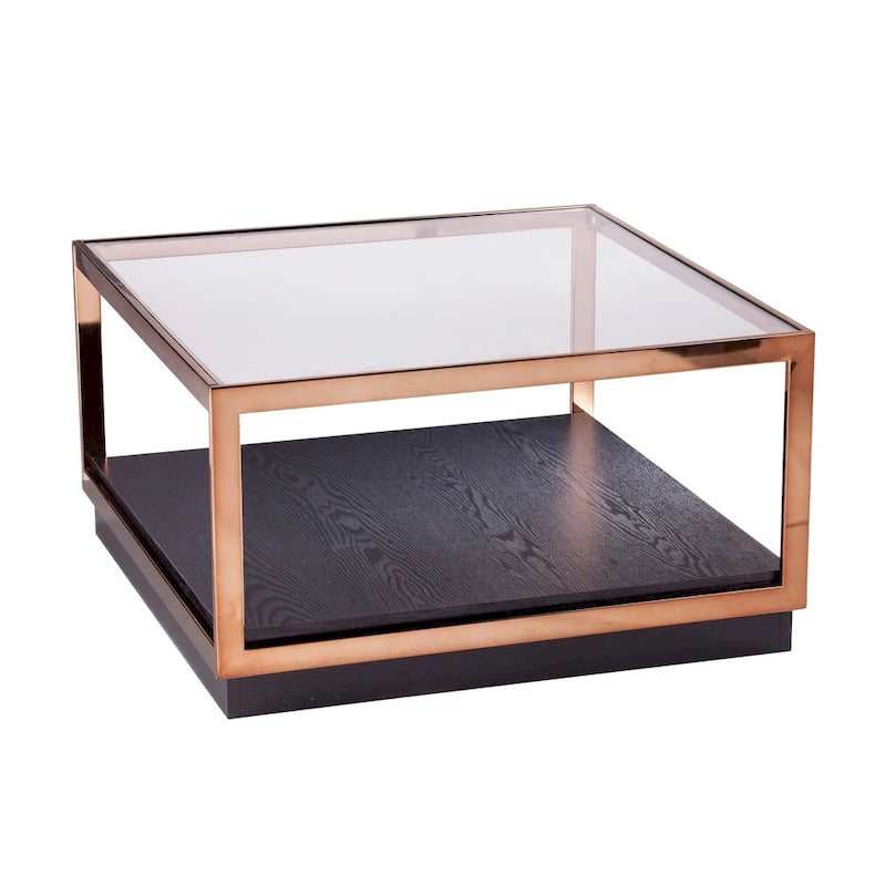 Table basse carrée avec plateau en verre champagne/noir et étagère de rangement