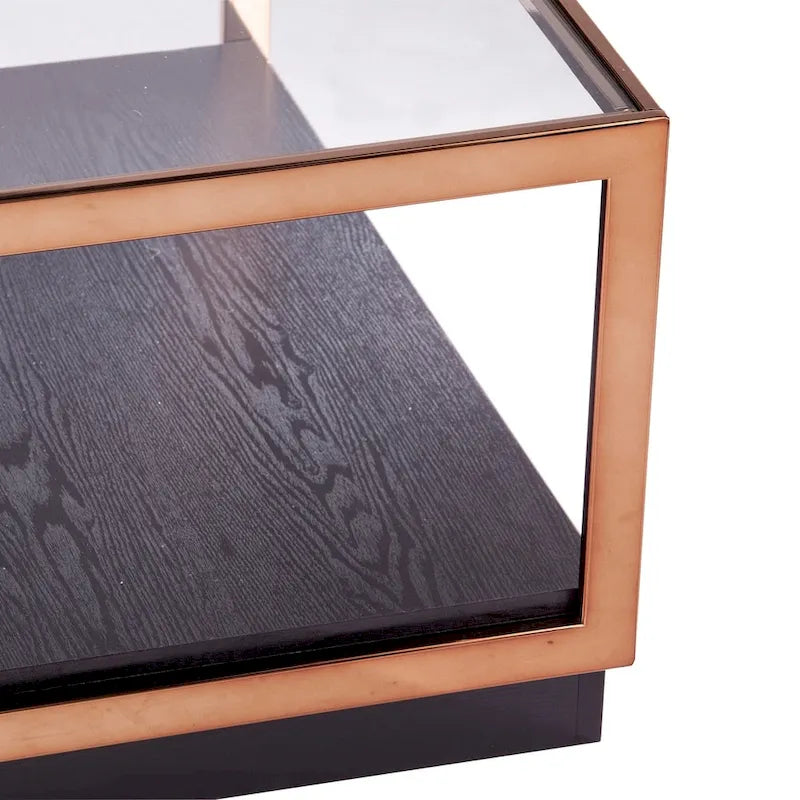 Table basse carrée avec plateau en verre champagne/noir et étagère de rangement