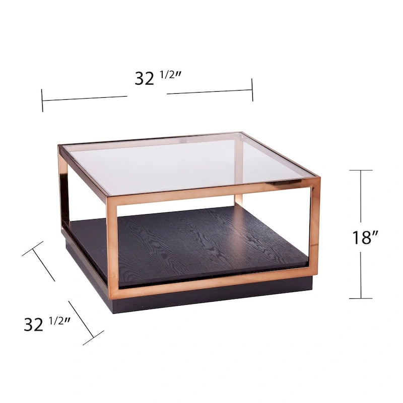 Table basse carrée avec plateau en verre champagne/noir et étagère de rangement