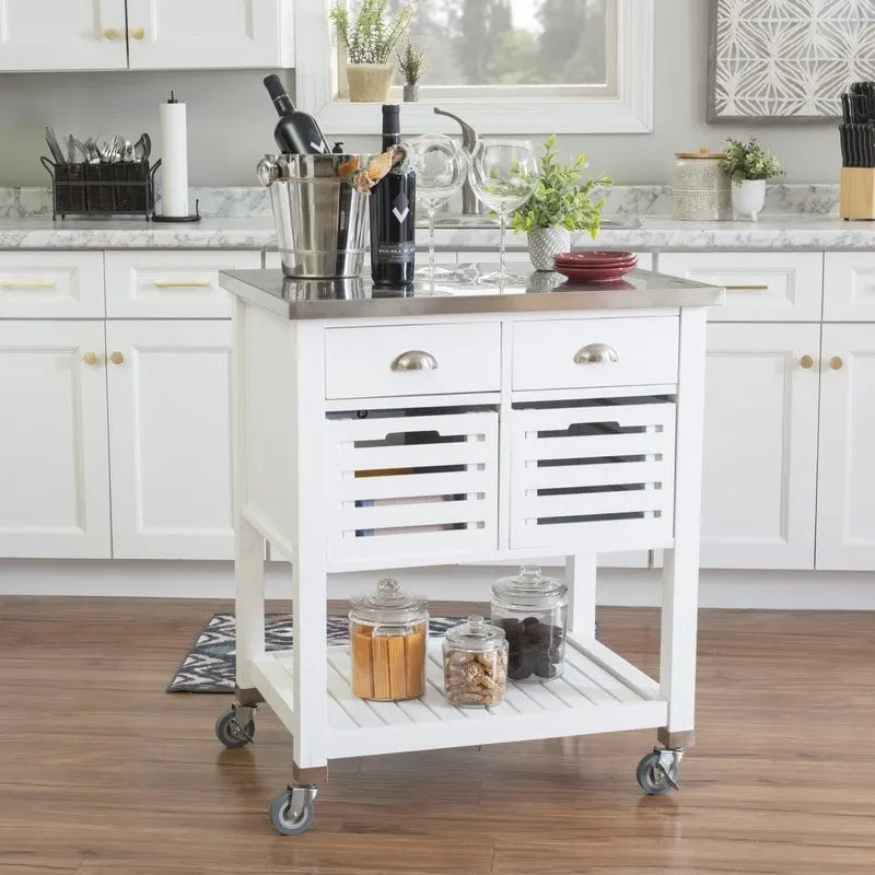 Chariot de cuisine roulant blanc/gris avec rangement, 2 tiroirs