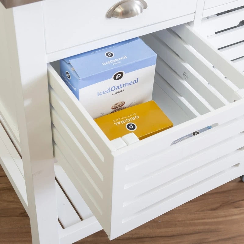 Chariot de cuisine roulant blanc/gris avec rangement, 2 tiroirs