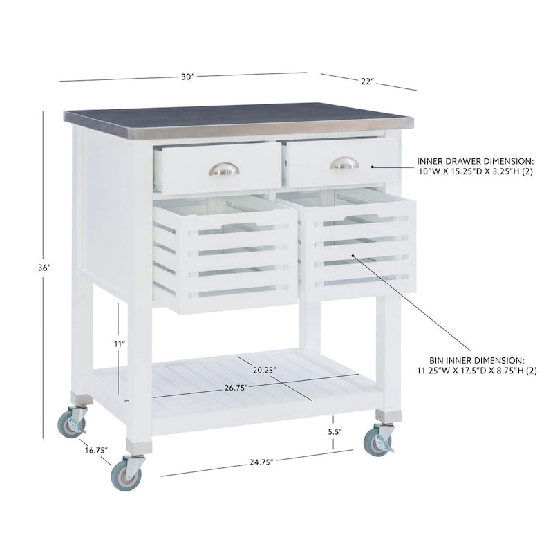 Chariot de cuisine roulant blanc/gris avec rangement, 2 tiroirs
