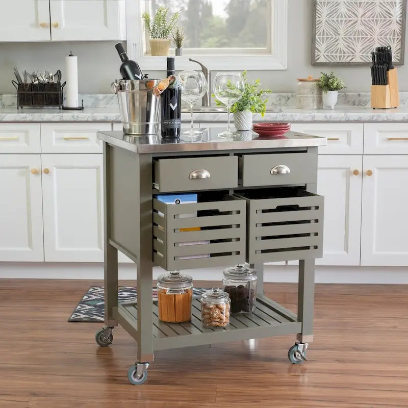 Chariot de cuisine roulant blanc/gris avec rangement, 2 tiroirs
