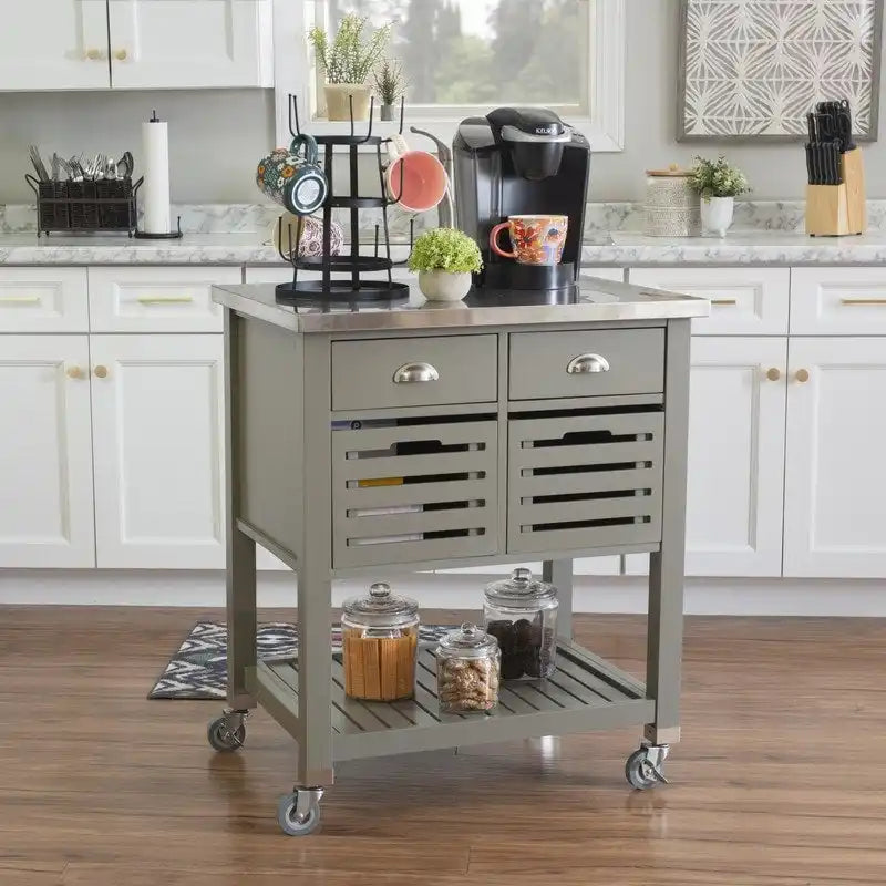 Chariot de cuisine roulant blanc/gris avec rangement, 2 tiroirs