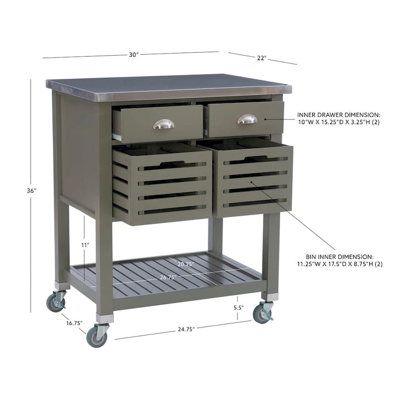 Chariot de cuisine roulant blanc/gris avec rangement, 2 tiroirs