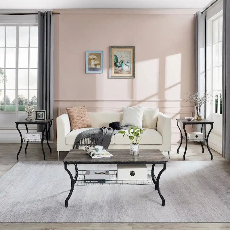 Ensemble de 3 tables basses rétro (marron / noir / gris anthracite / gris chêne) pour 1 pièce