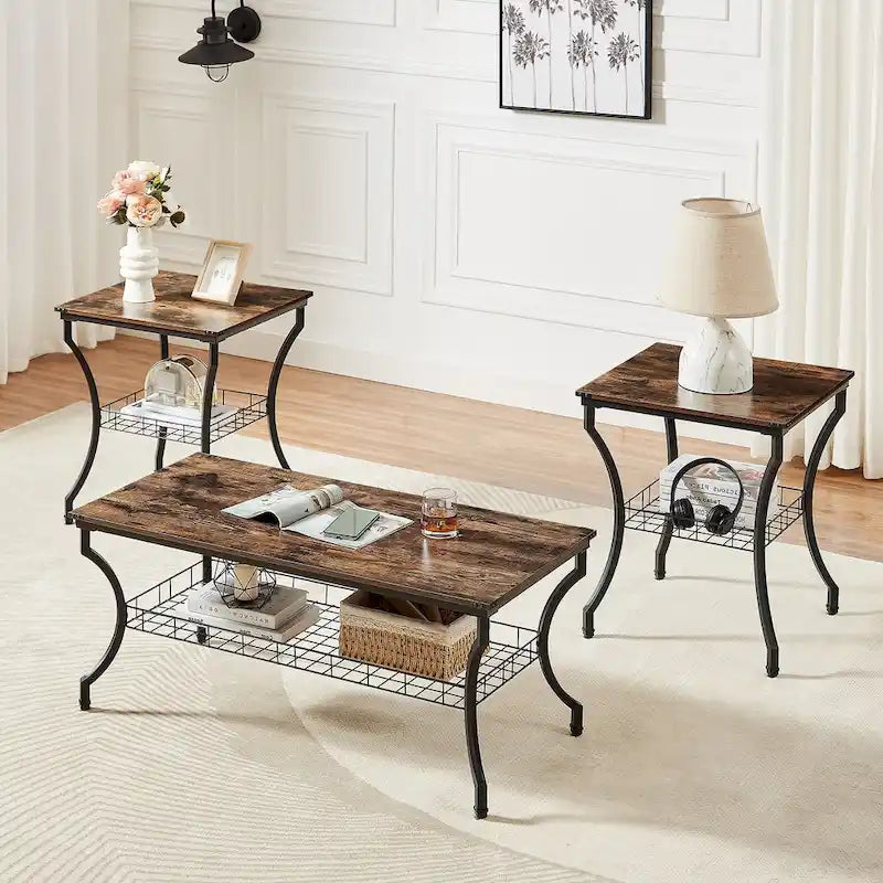 Ensemble de 3 tables basses rétro (marron / noir / gris anthracite / gris chêne) pour 1 pièce