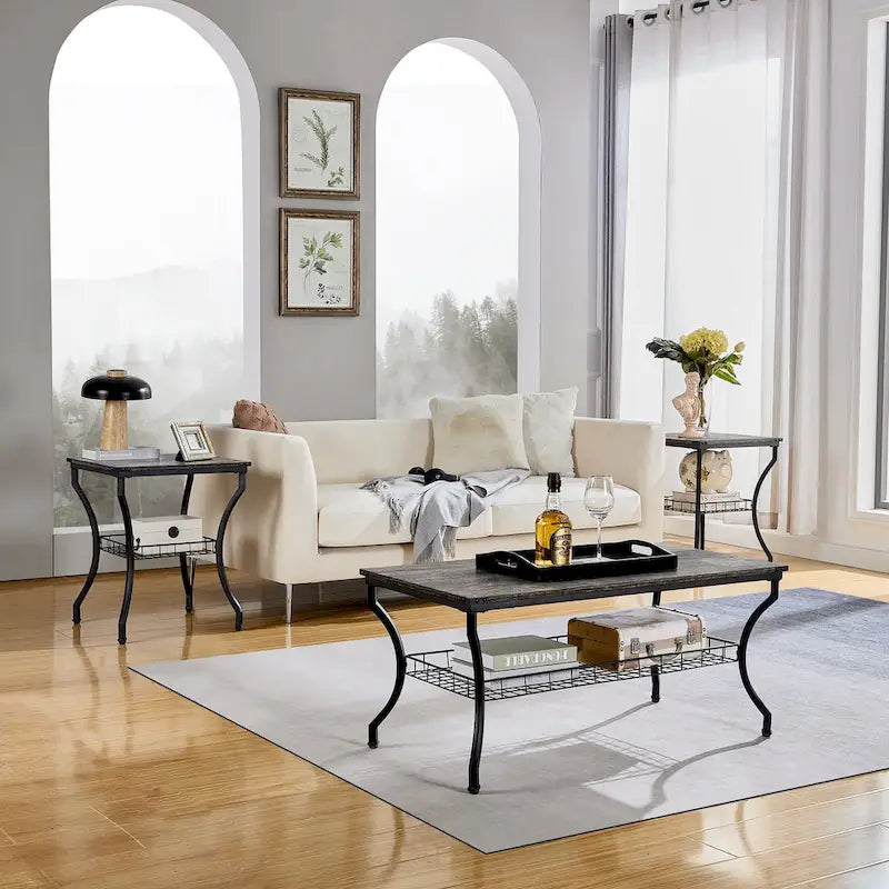 Ensemble de 3 tables basses rétro (marron / noir / gris anthracite / gris chêne) pour 1 pièce