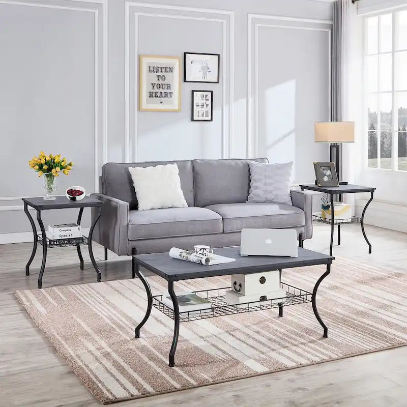 Ensemble de 3 tables basses rétro (marron / noir / gris anthracite / gris chêne) pour 1 pièce