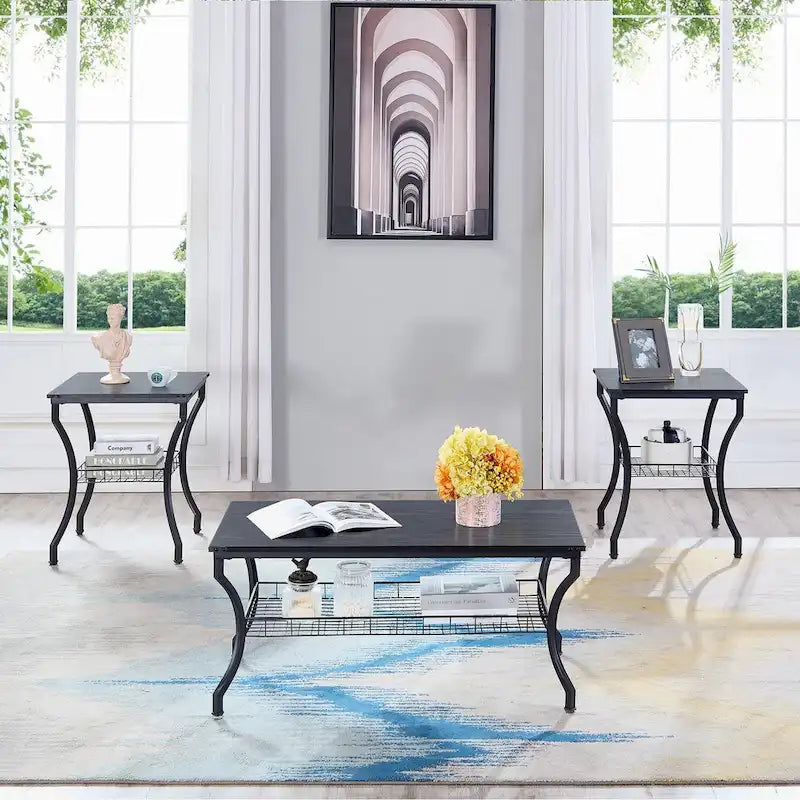 Ensemble de 3 tables basses rétro (marron / noir / gris anthracite / gris chêne) pour 1 pièce