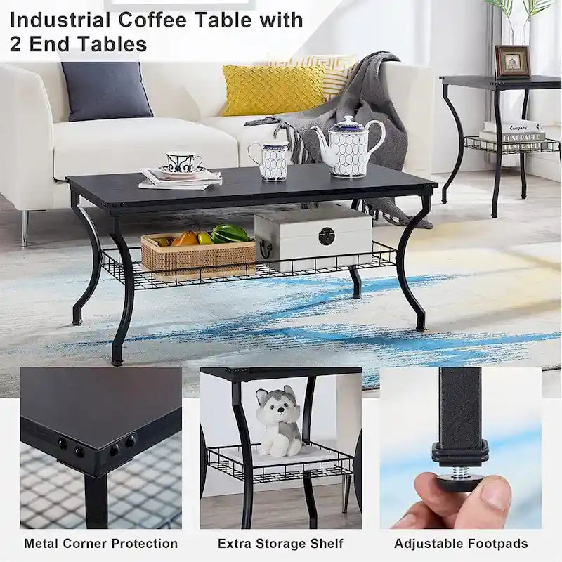 Ensemble de 3 tables basses rétro (marron / noir / gris anthracite / gris chêne) pour 1 pièce