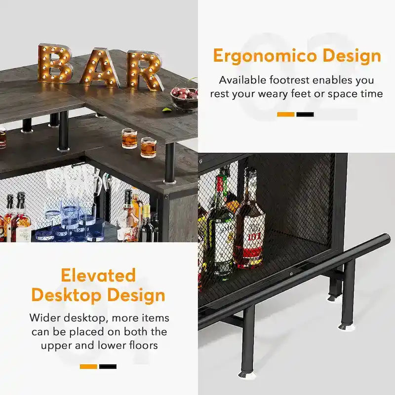 Meuble de bar d'angle en L marron/noir/gris avec 2 niveaux de rangement, pour 2 personnes