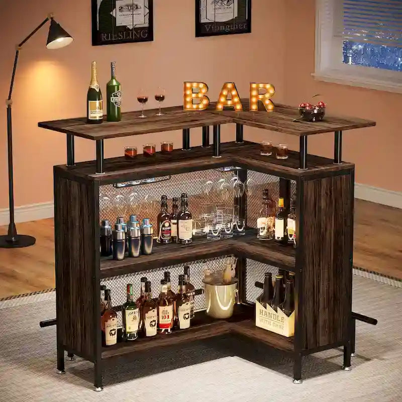 Meuble de bar d'angle en L marron/noir/gris avec 2 niveaux de rangement, pour 2 personnes