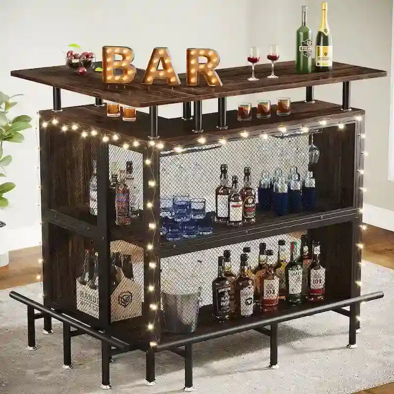 Meuble de bar d'angle en L marron/noir/gris avec 2 niveaux de rangement, pour 2 personnes