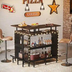 Meuble de bar d'angle en L marron/noir/gris avec 2 niveaux de rangement, pour 2 personnes