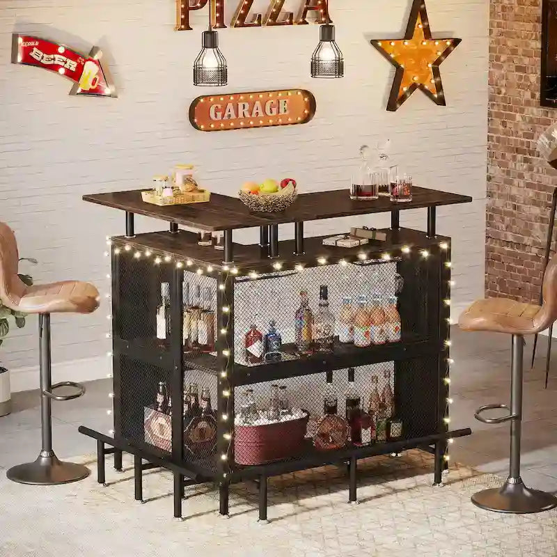 Meuble de bar d'angle en L marron/noir/gris avec 2 niveaux de rangement, pour 2 personnes