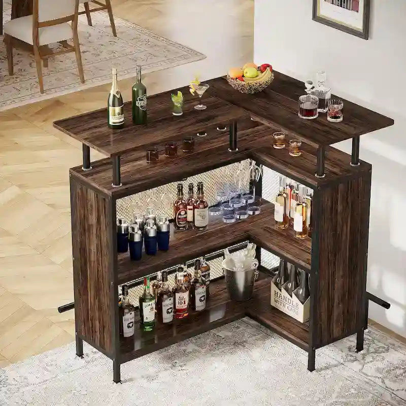 Meuble de bar d'angle en L marron/noir/gris avec 2 niveaux de rangement, pour 2 personnes
