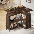 Meuble de bar d'angle en L marron/noir/gris avec 2 niveaux de rangement, pour 2 personnes