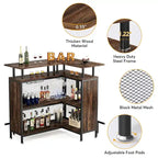Meuble de bar d'angle en L marron/noir/gris avec 2 niveaux de rangement, pour 2 personnes