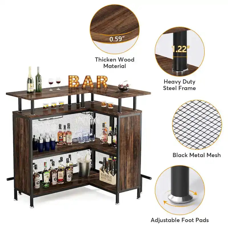 Meuble de bar d'angle en L marron/noir/gris avec 2 niveaux de rangement, pour 2 personnes