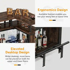 Meuble de bar d'angle en L marron/noir/gris avec 2 niveaux de rangement, pour 2 personnes