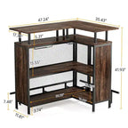 Meuble de bar d'angle en L marron/noir/gris avec 2 niveaux de rangement, pour 2 personnes
