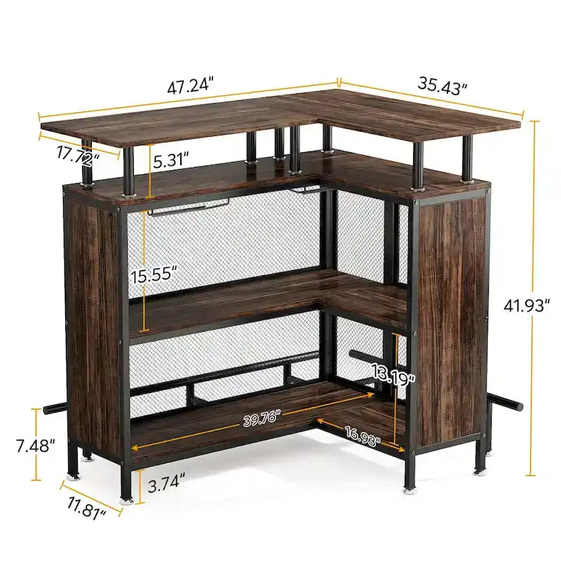 Meuble de bar d'angle en L marron/noir/gris avec 2 niveaux de rangement, pour 2 personnes
