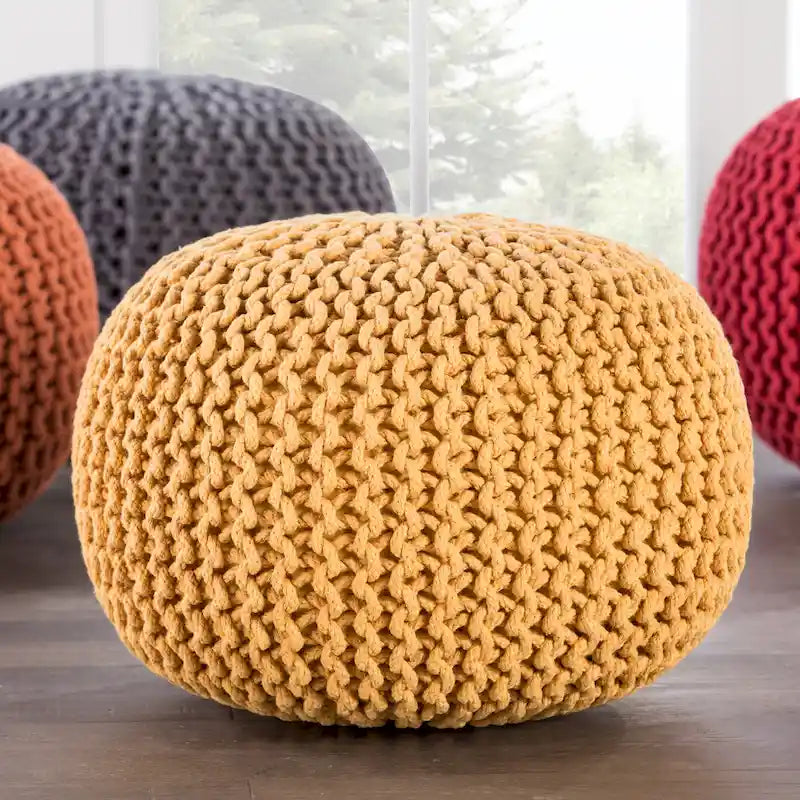 Pouf Rond en Grosse Maille – Bleu Orion / Jaune / Rouge / Vert / Gris / Aqua / Rose / Orange / Bleu Azur / Vert Forêt – 1 place assise