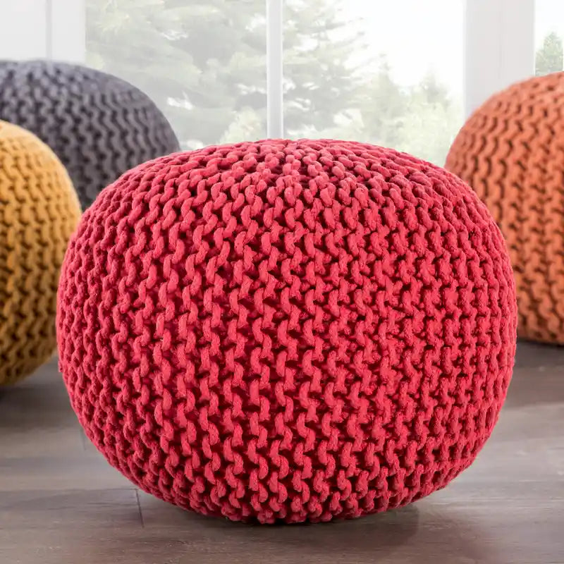 Pouf Rond en Grosse Maille – Bleu Orion / Jaune / Rouge / Vert / Gris / Aqua / Rose / Orange / Bleu Azur / Vert Forêt – 1 place assise