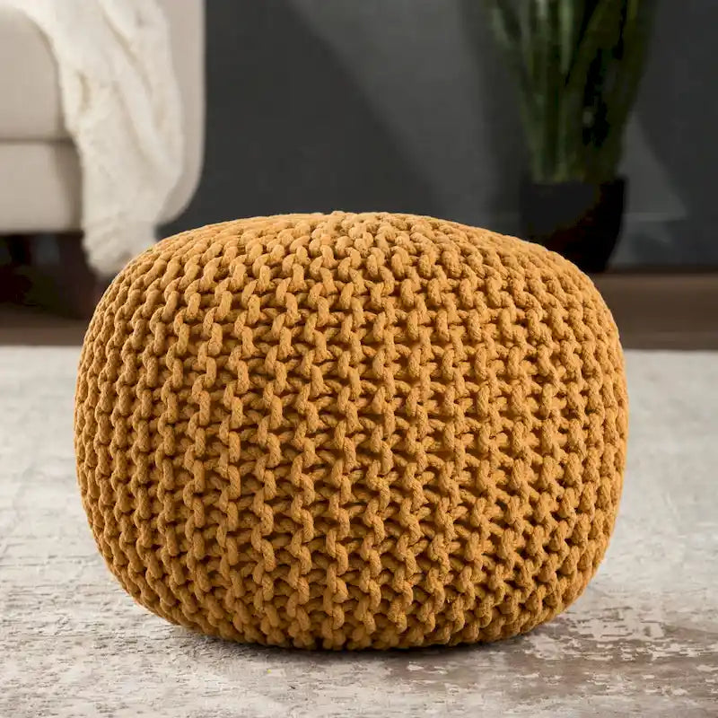 Pouf Rond en Grosse Maille – Bleu Orion / Jaune / Rouge / Vert / Gris / Aqua / Rose / Orange / Bleu Azur / Vert Forêt – 1 place assise