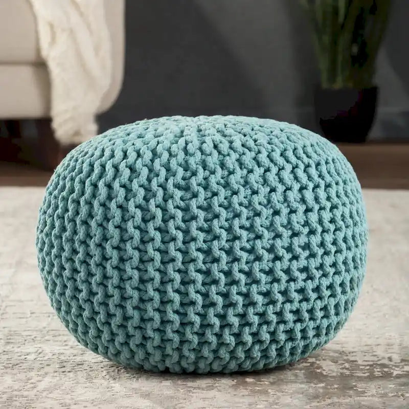 Pouf Rond en Grosse Maille – Bleu Orion / Jaune / Rouge / Vert / Gris / Aqua / Rose / Orange / Bleu Azur / Vert Forêt – 1 place assise