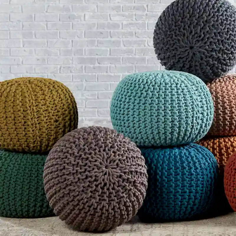 Pouf Rond en Grosse Maille – Bleu Orion / Jaune / Rouge / Vert / Gris / Aqua / Rose / Orange / Bleu Azur / Vert Forêt – 1 place assise