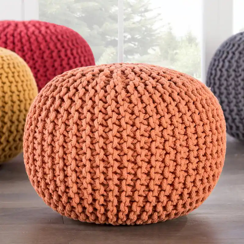 Pouf Rond en Grosse Maille – Bleu Orion / Jaune / Rouge / Vert / Gris / Aqua / Rose / Orange / Bleu Azur / Vert Forêt – 1 place assise