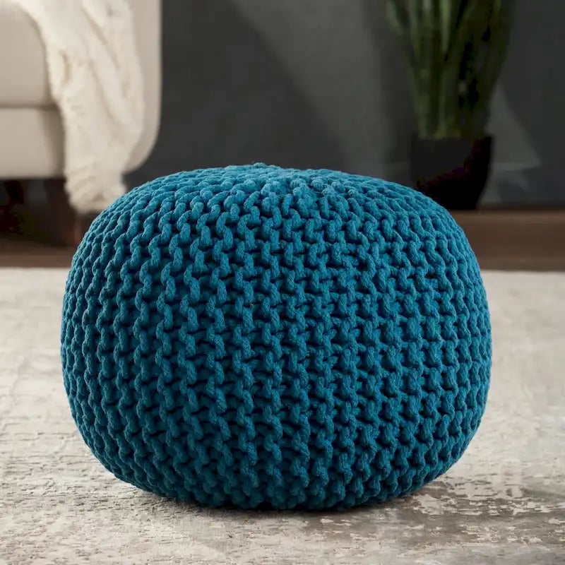 Pouf Rond en Grosse Maille – Bleu Orion / Jaune / Rouge / Vert / Gris / Aqua / Rose / Orange / Bleu Azur / Vert Forêt – 1 place assise