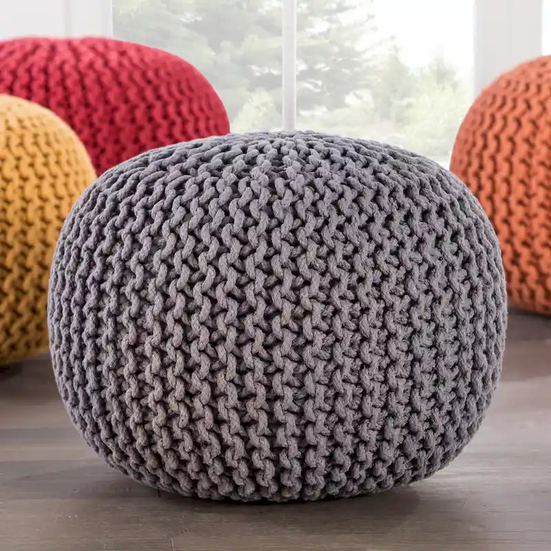 Pouf Rond en Grosse Maille – Bleu Orion / Jaune / Rouge / Vert / Gris / Aqua / Rose / Orange / Bleu Azur / Vert Forêt – 1 place assise