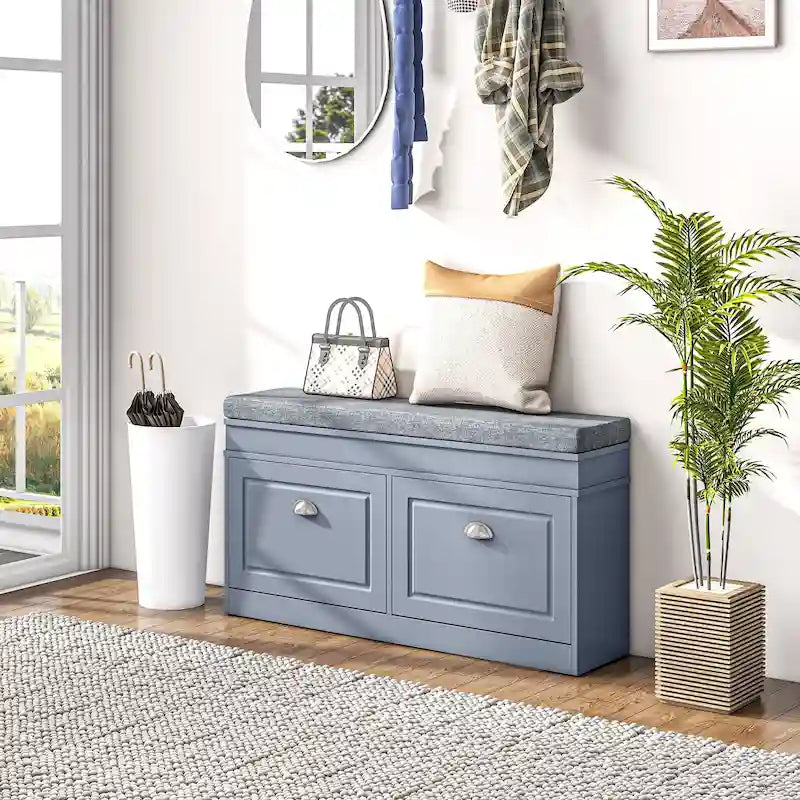 Banc de rangement pour chaussures blanc/gris/noir avec coussin et 2 tiroirs, 1 place