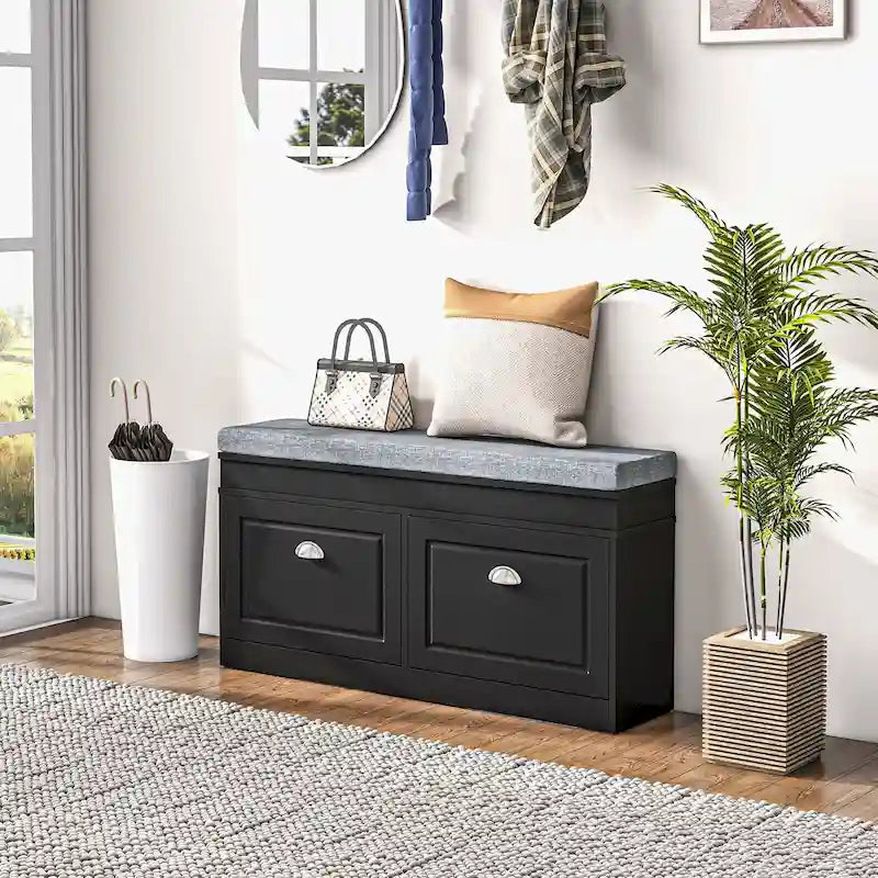 Banc de rangement pour chaussures blanc/gris/noir avec coussin et 2 tiroirs, 1 place
