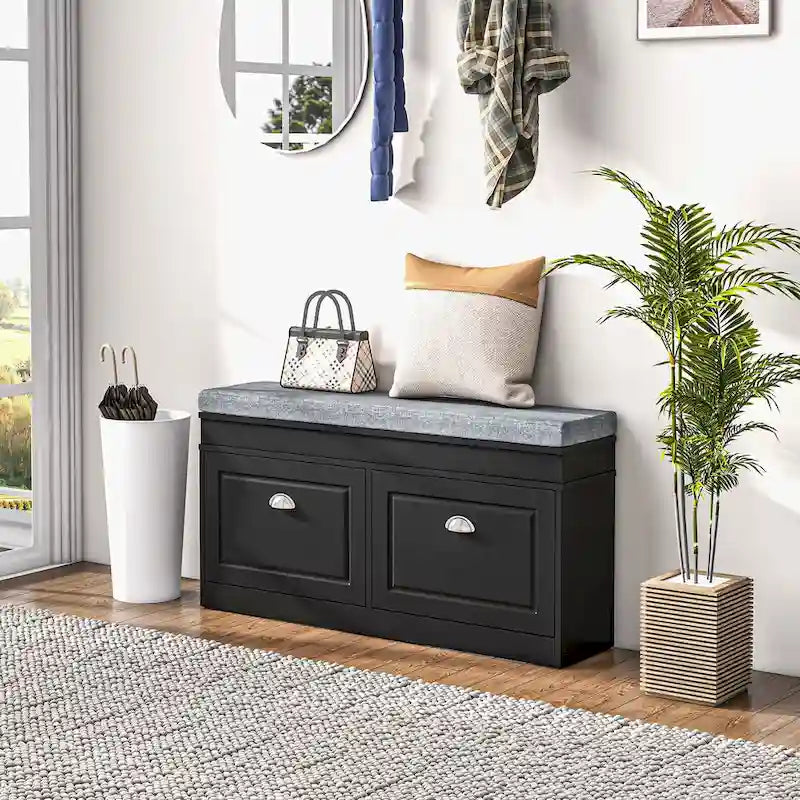 HOMCOM Shoe Rack Bench for Entryway Storage Organizer with Cushion 2 Drawers Adjustable Shelf, White - 41 x 9.5 x 21.75