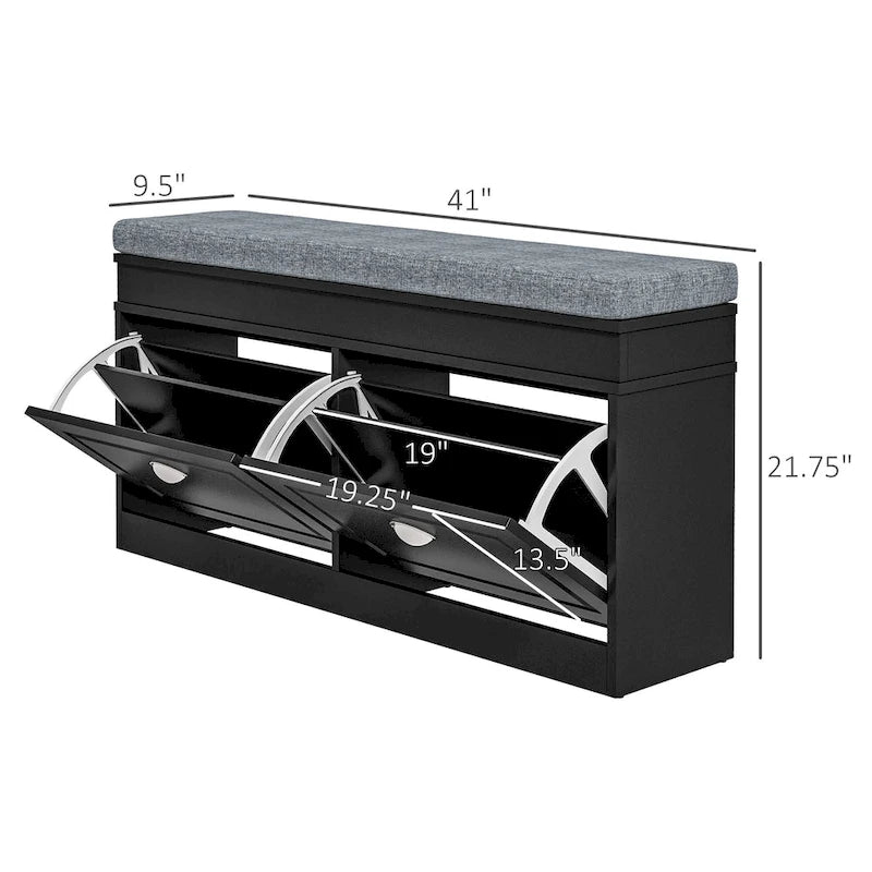 Banc de rangement pour chaussures blanc/gris/noir avec coussin et 2 tiroirs, 1 place