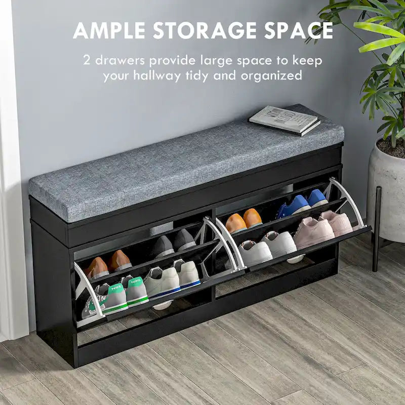 Banc de rangement pour chaussures blanc/gris/noir avec coussin et 2 tiroirs, 1 place
